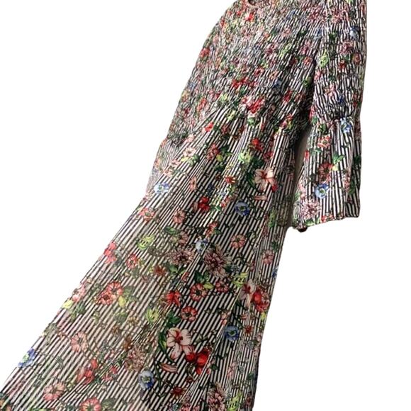 ECI Smocked Sheer Floral Striped Printed Three Quarter Sleeve Maxi Dress Large - Picture 5 of 9